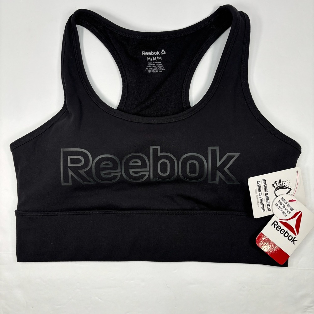 NEW Reebok Women Medium Sports Bra Black Logo Racerback Athleisure Activewear